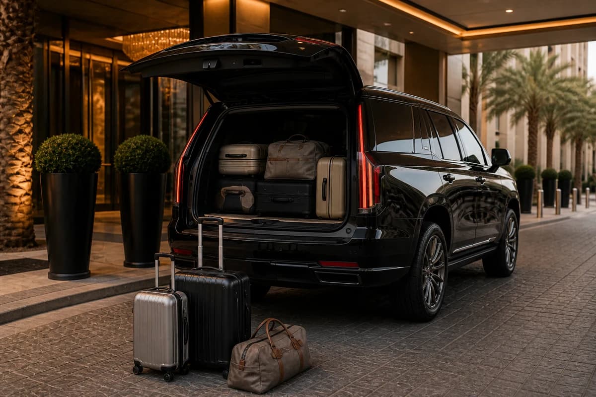Cadillac Escalade open tailgate with family luggage at a Dubai hotel porte-cochere