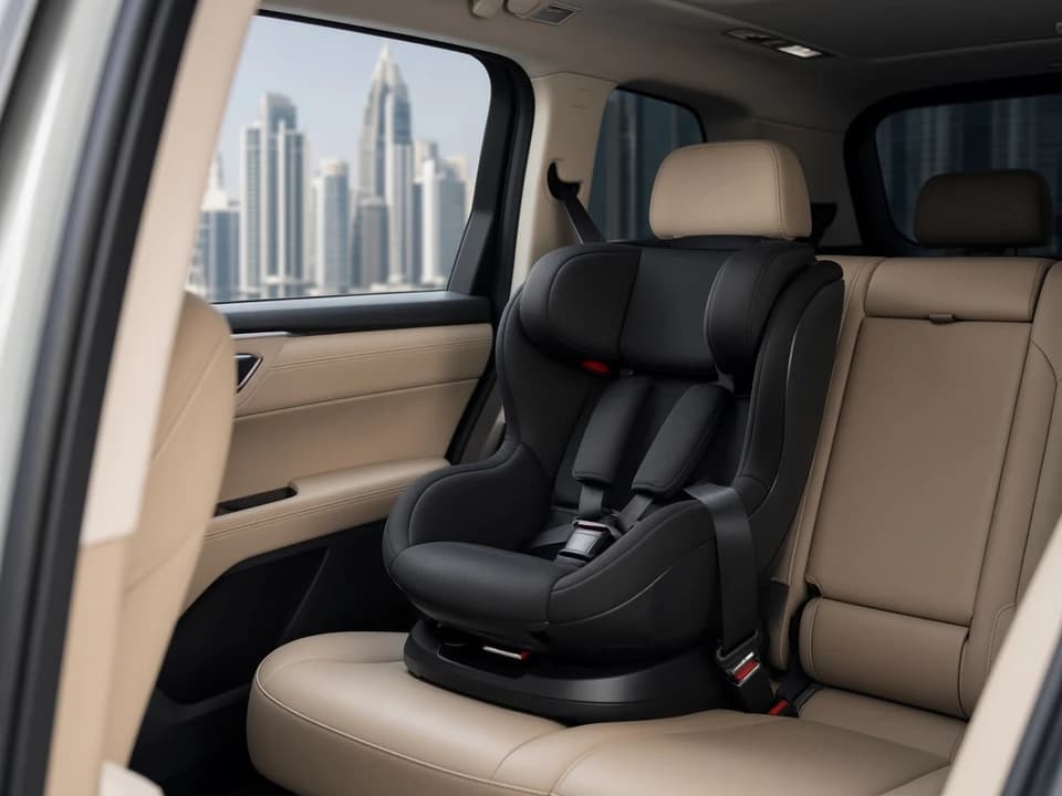 Child seat installed in luxury SUV rear row for Dubai car rental guide family booking