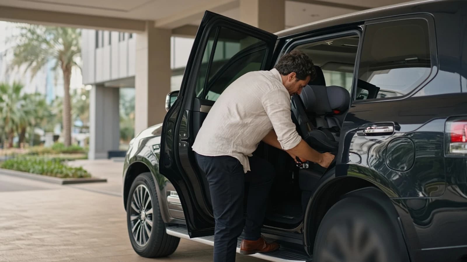 Child seat rental car Dubai: adult fitting a child seat in a luxury SUV at a Dubai hotel porte-cochère
