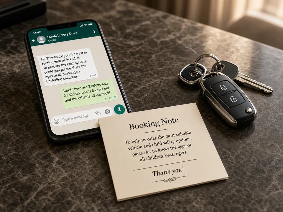 WhatsApp booking notes and keys for child seat rental car Dubai before payment