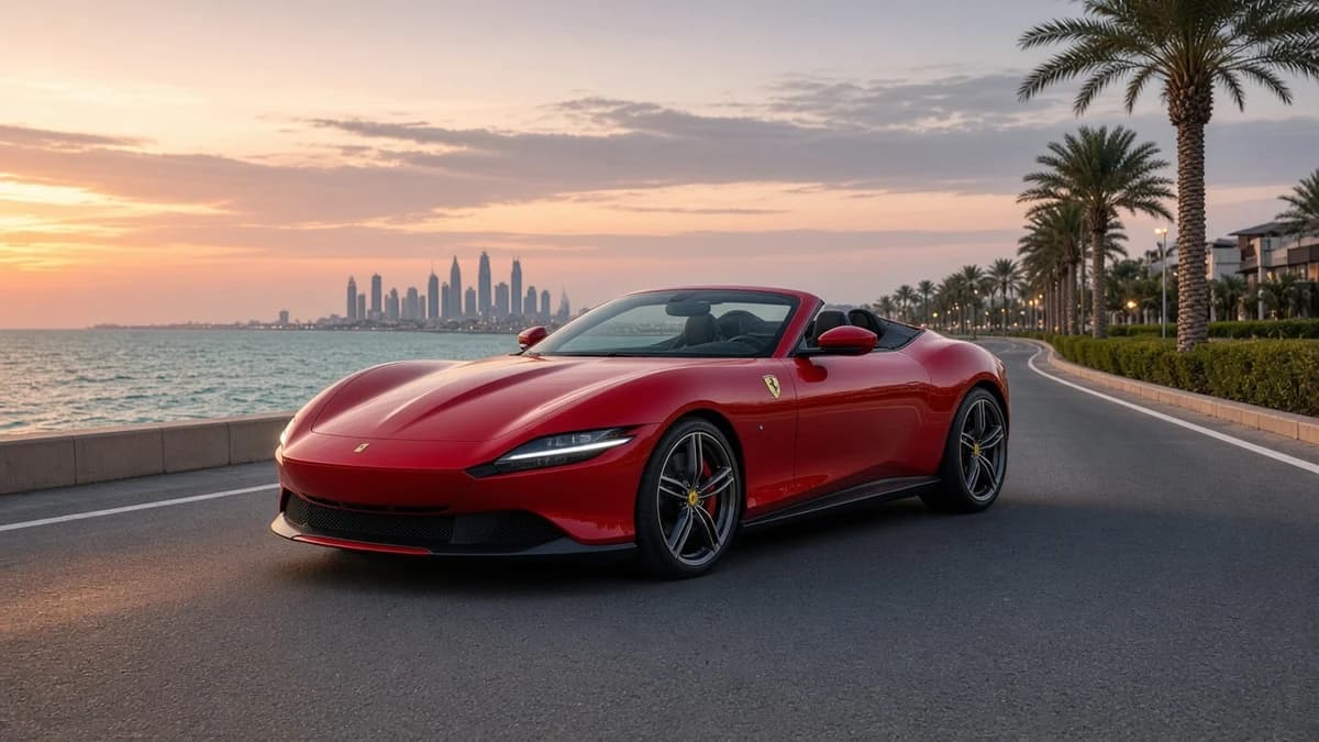 Ferrari Roma Spider on Palm Jumeirah for best Dubai convertible car rental weekend options