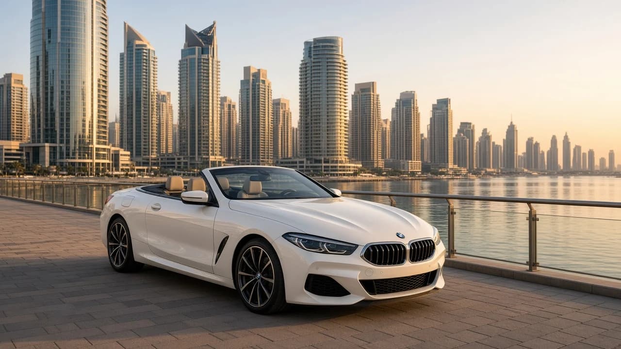Convertible car rental Dubai weekend: BMW open-top at Dubai Marina waterfront at golden hour
