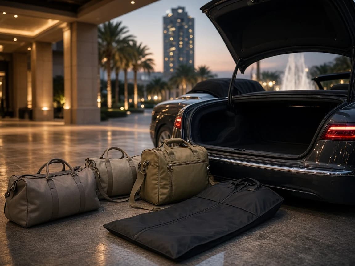 Soft weekend bags beside a convertible boot for convertible hire Dubai packing checks