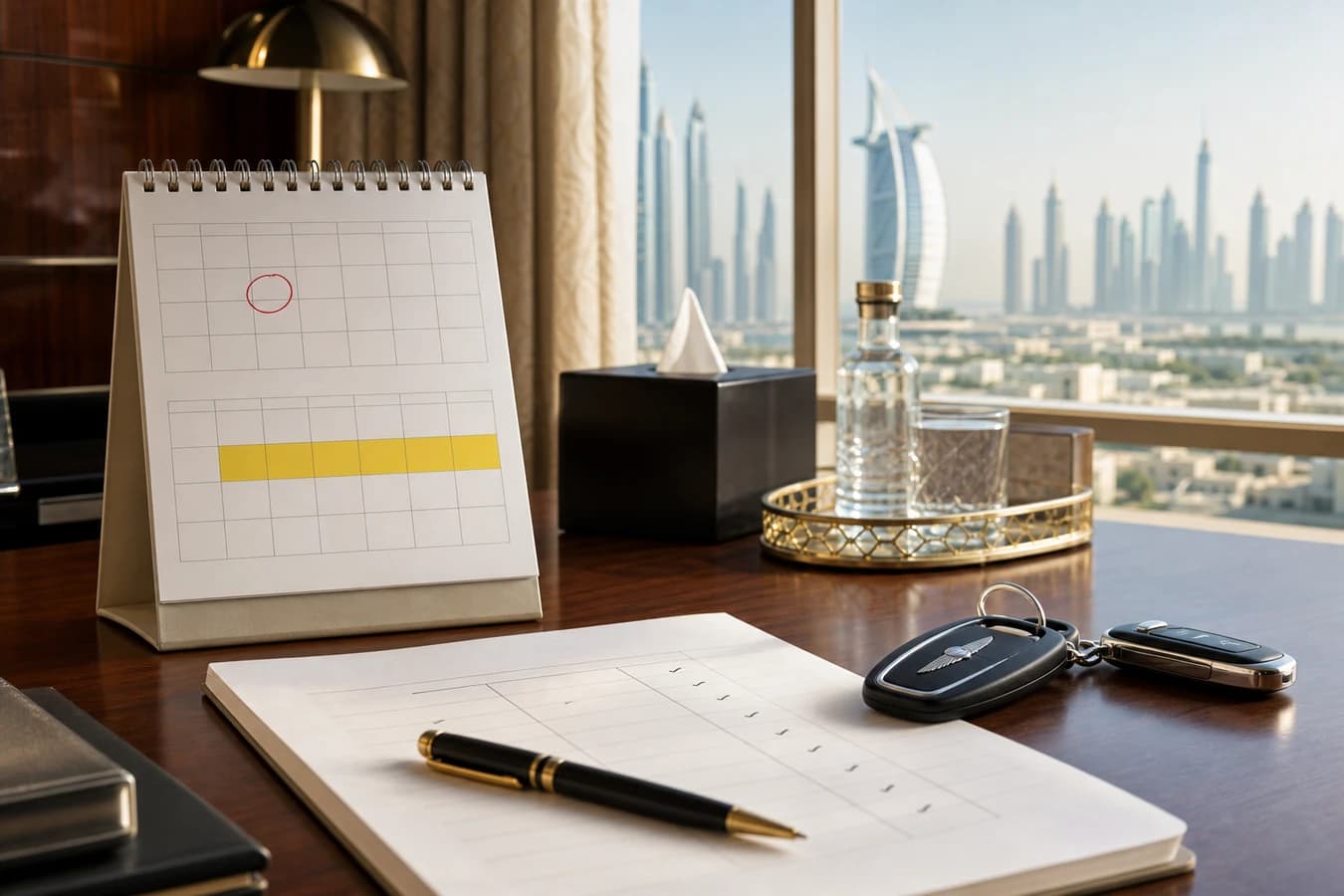 Daily vs weekly luxury car rental Dubai hero with a calendar, keys, and luxury sedan at a Dubai hotel desk