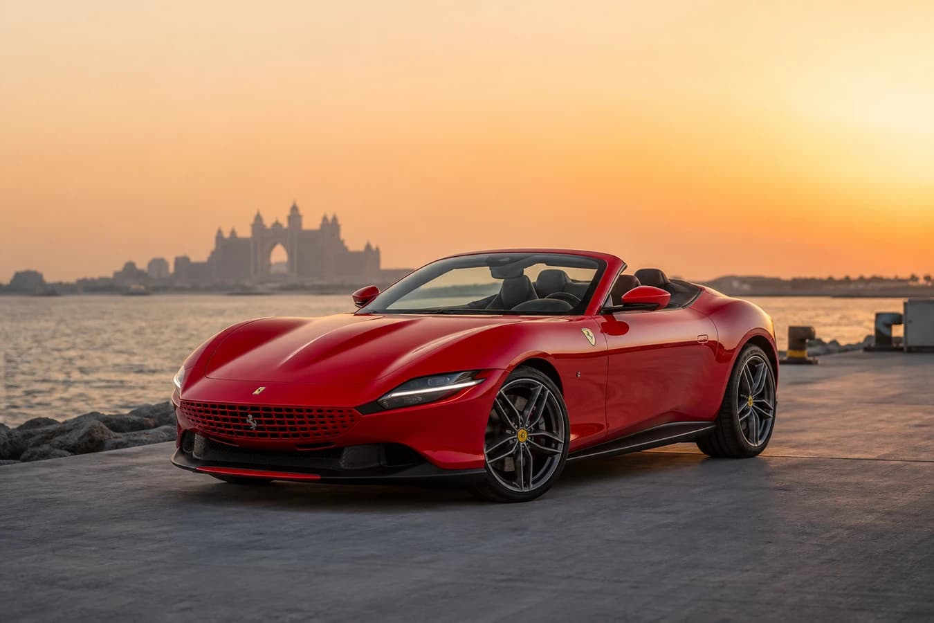 Dubai proposal photoshoot car rental hero with a Ferrari Roma Spider on Palm Jumeirah at golden hour
