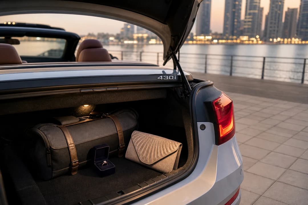 Ring box and soft evening bags beside a BMW 430i Convertible boot for best cars to rent Dubai proposal packing