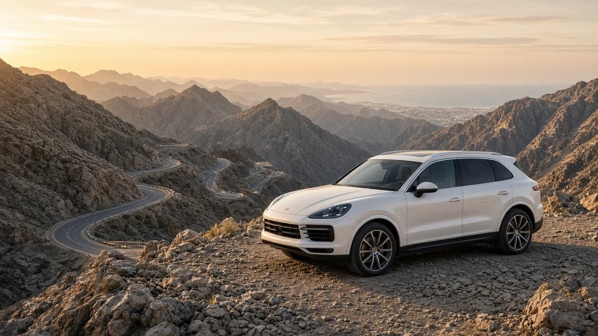 Porsche Cayenne at a Ras Al Khaimah mountain viewpoint during a Dubai spring luxury SUV road trip evening