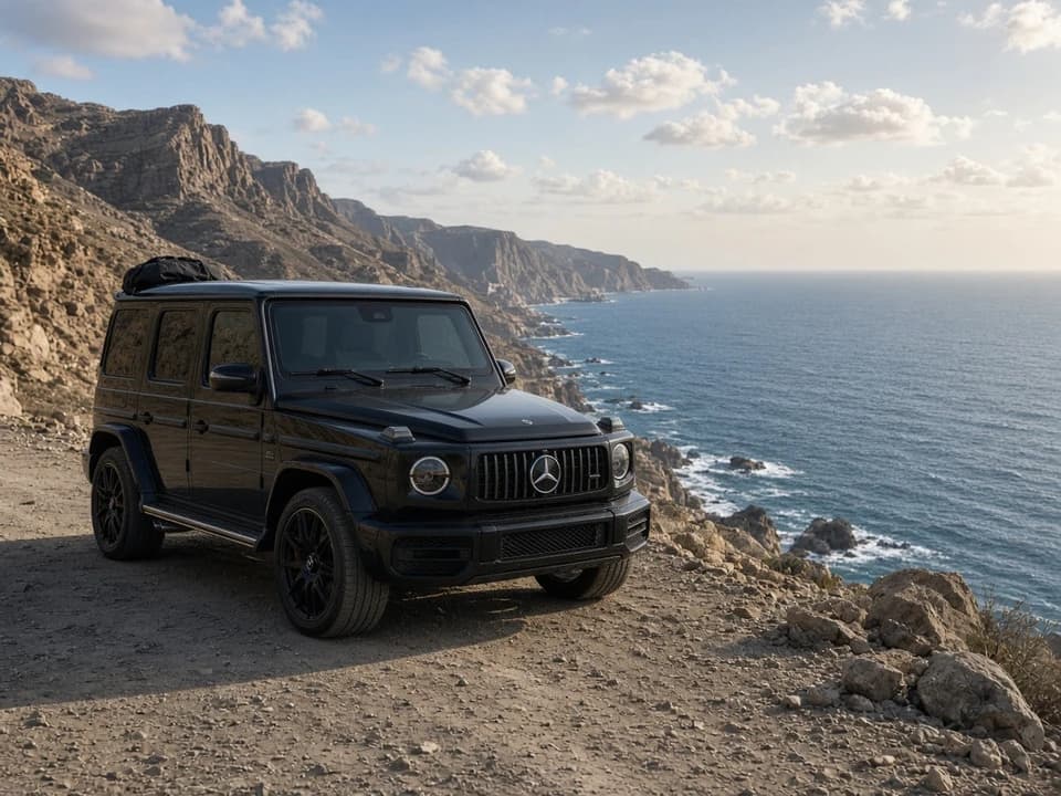 Mercedes-Benz G63 at a Fujairah coastal overlook for a spring luxury SUV day from Dubai