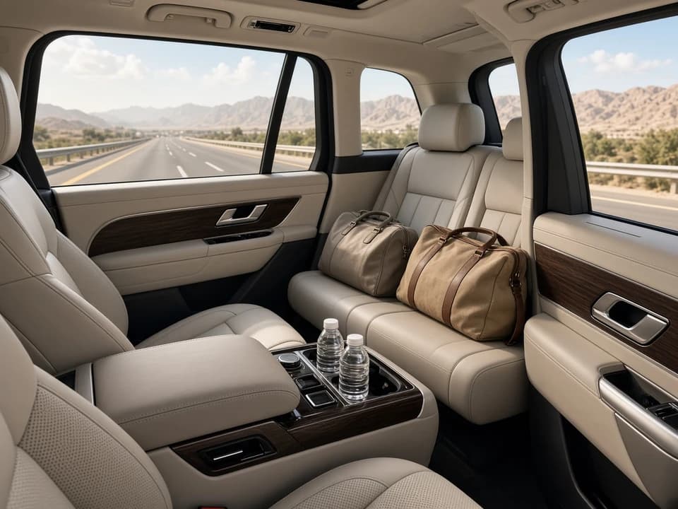 Luxury SUV cabin with soft bags and spring highway light on a Dubai car hire day toward Hatta