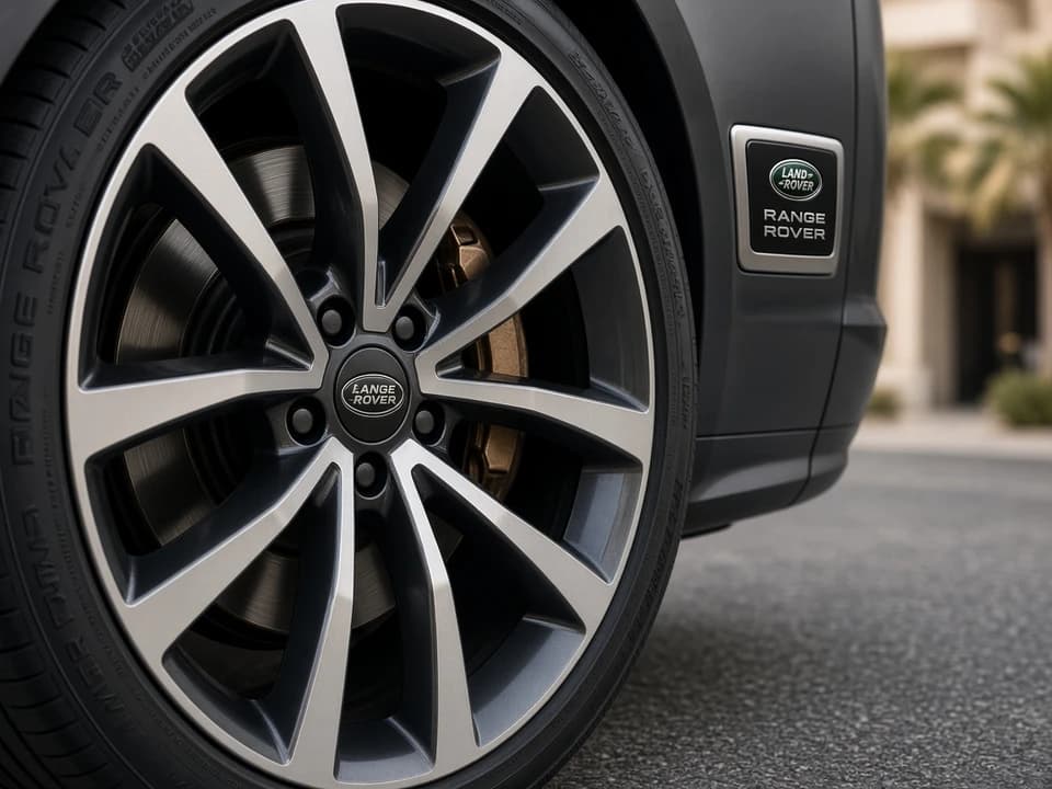 Range Rover wheel and badge detail before a Dubai spring luxury SUV road trip handover