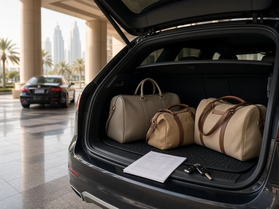 Open luxury SUV boot packed for best cars to rent Dubai on a spring eastbound road-trip morning