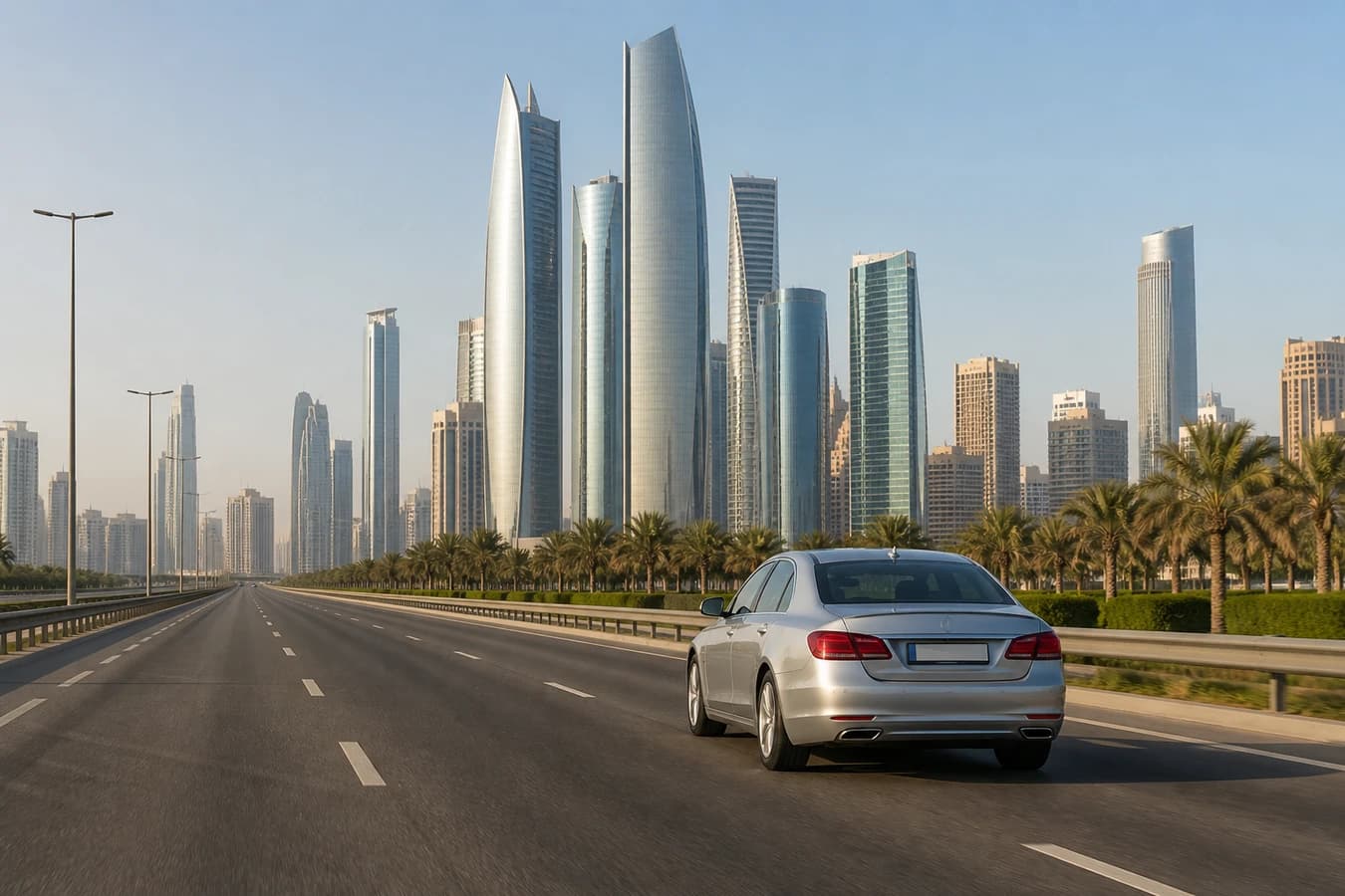 Dubai to Abu Dhabi luxury car road trip: luxury sedan on the E11 corridor toward Abu Dhabi skyline in morning light