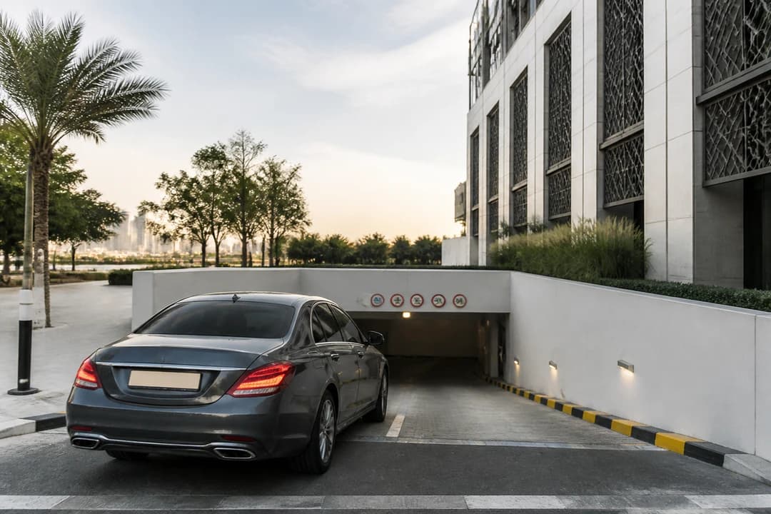 Best cars to rent Dubai for Sharjah: luxury sedan entering a calm parking approach near a cultural district building