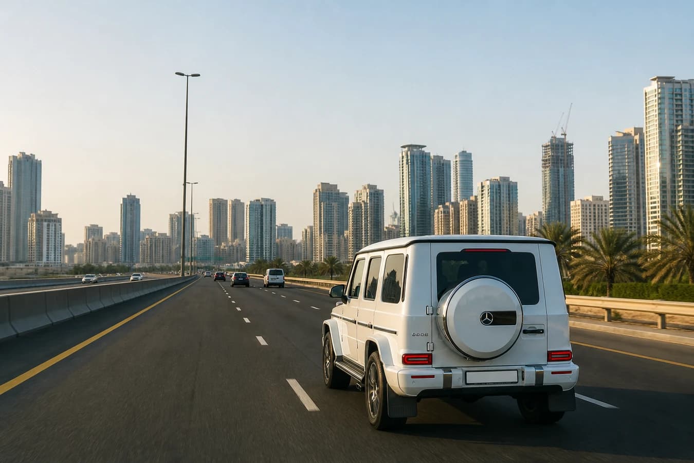 Dubai to Sharjah rental car guide: luxury SUV on a dual carriageway toward Sharjah at morning light