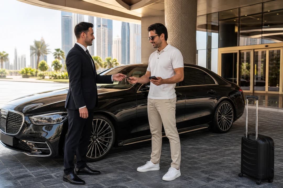 Dubai car delivery handover with keys and WhatsApp before a UAE road trip rental day toward Sharjah