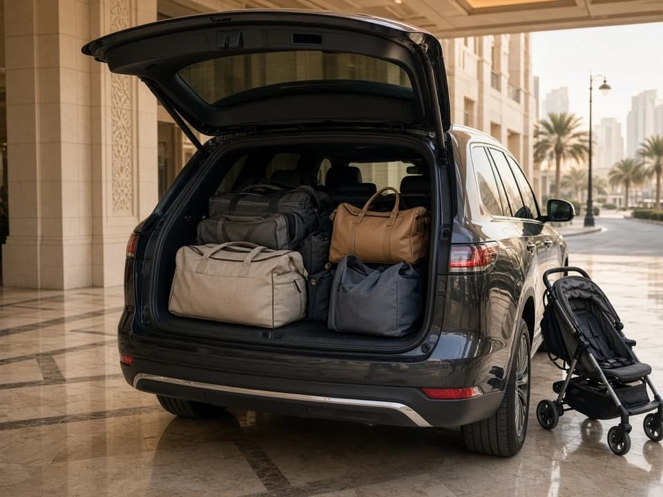 Open luxury SUV boot packed with soft bags for UAE road trip rental from Dubai