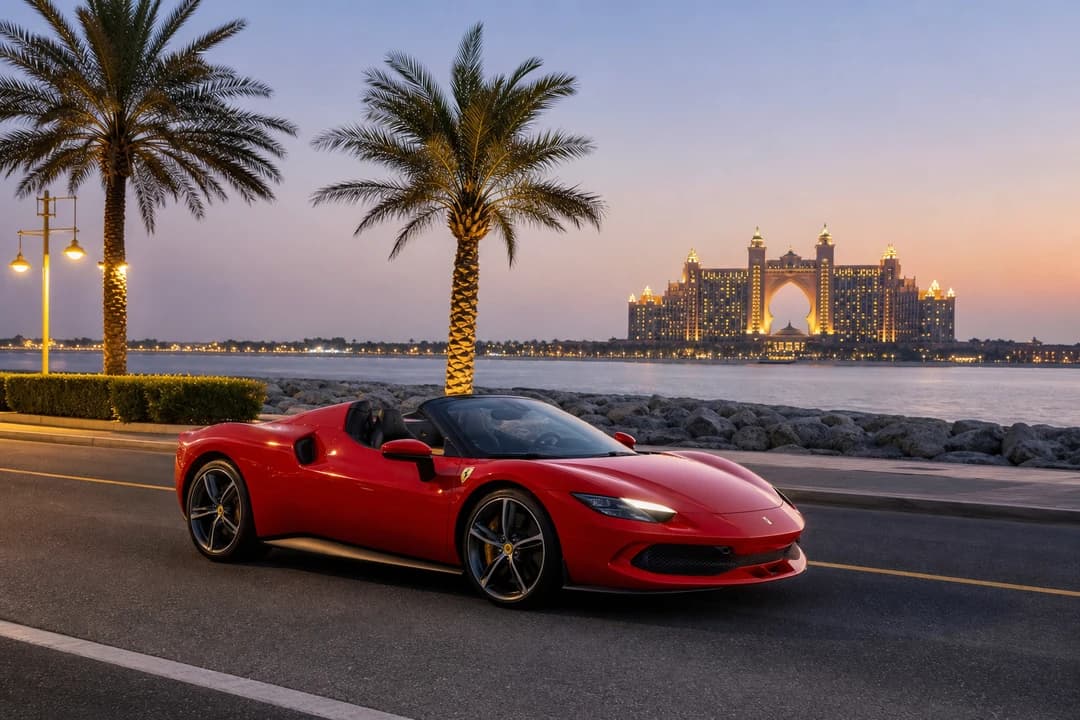 Ferrari 296 GTS exterior on Palm Jumeirah at blue hour for rent Ferrari 296 GTS Dubai coastal evenings