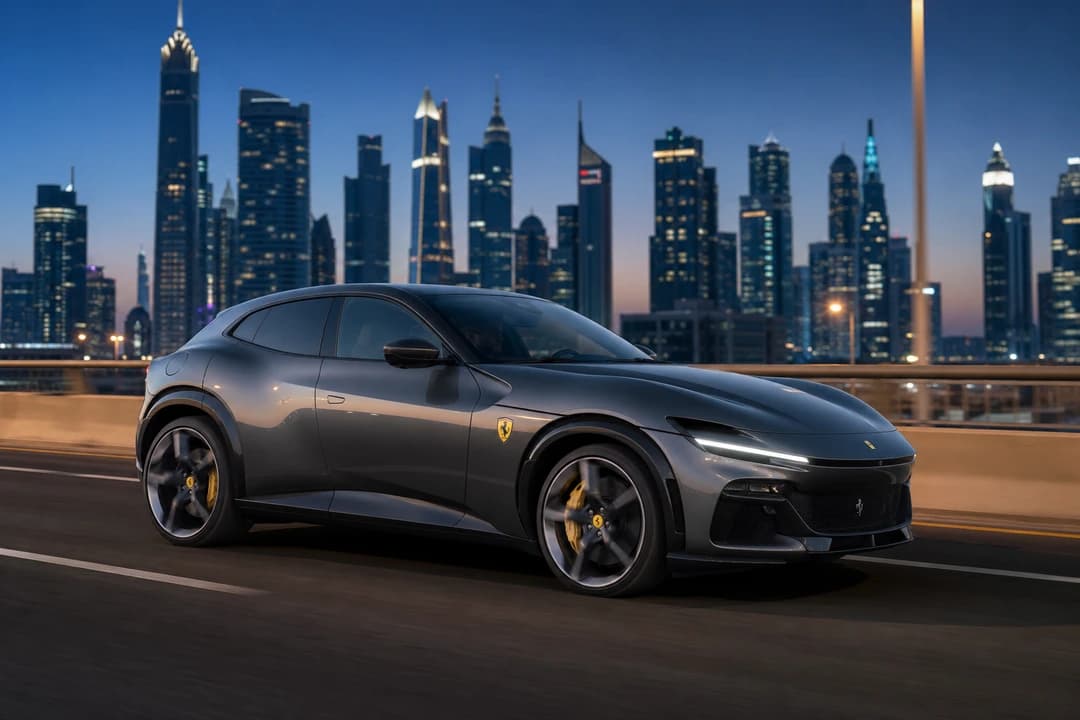 Ferrari Purosangue exterior on Sheikh Zayed Road for rent Ferrari Purosangue Dubai city weeks