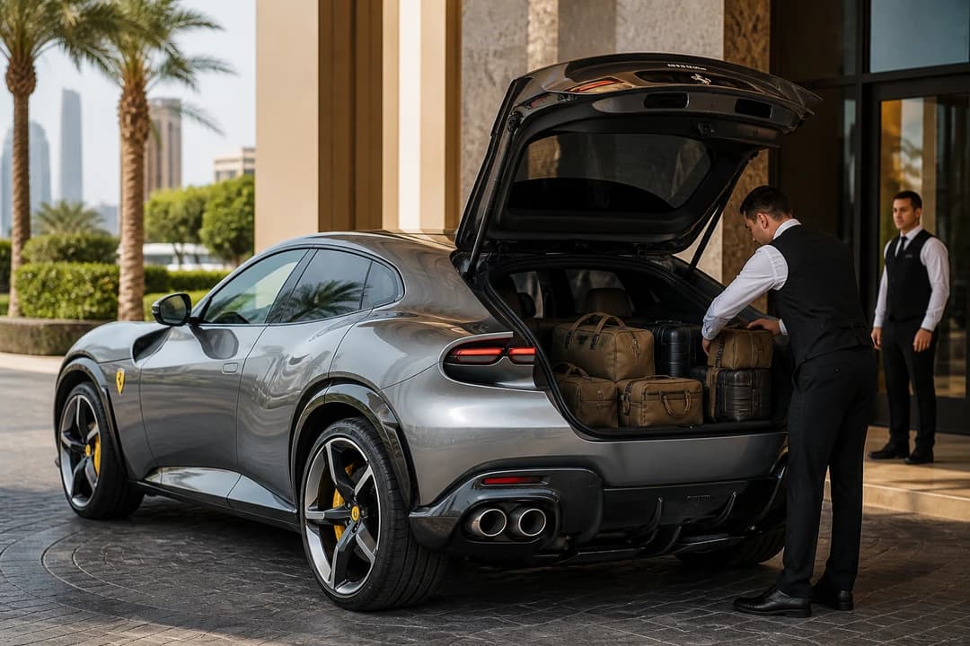 Ferrari Purosangue open hatch with holiday luggage for luxury SUV rental Dubai packing plans
