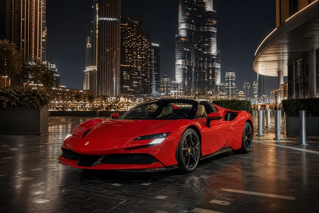 Ferrari SF90 Spider exterior at Downtown Dubai night arrival for rent Ferrari SF90 Spider Dubai plans