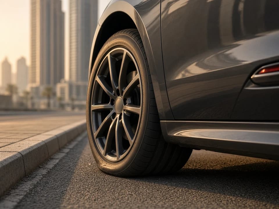 Deflated luxury-car tyre beside a Dubai dual carriageway kerb during flat tyre luxury rental Dubai stop