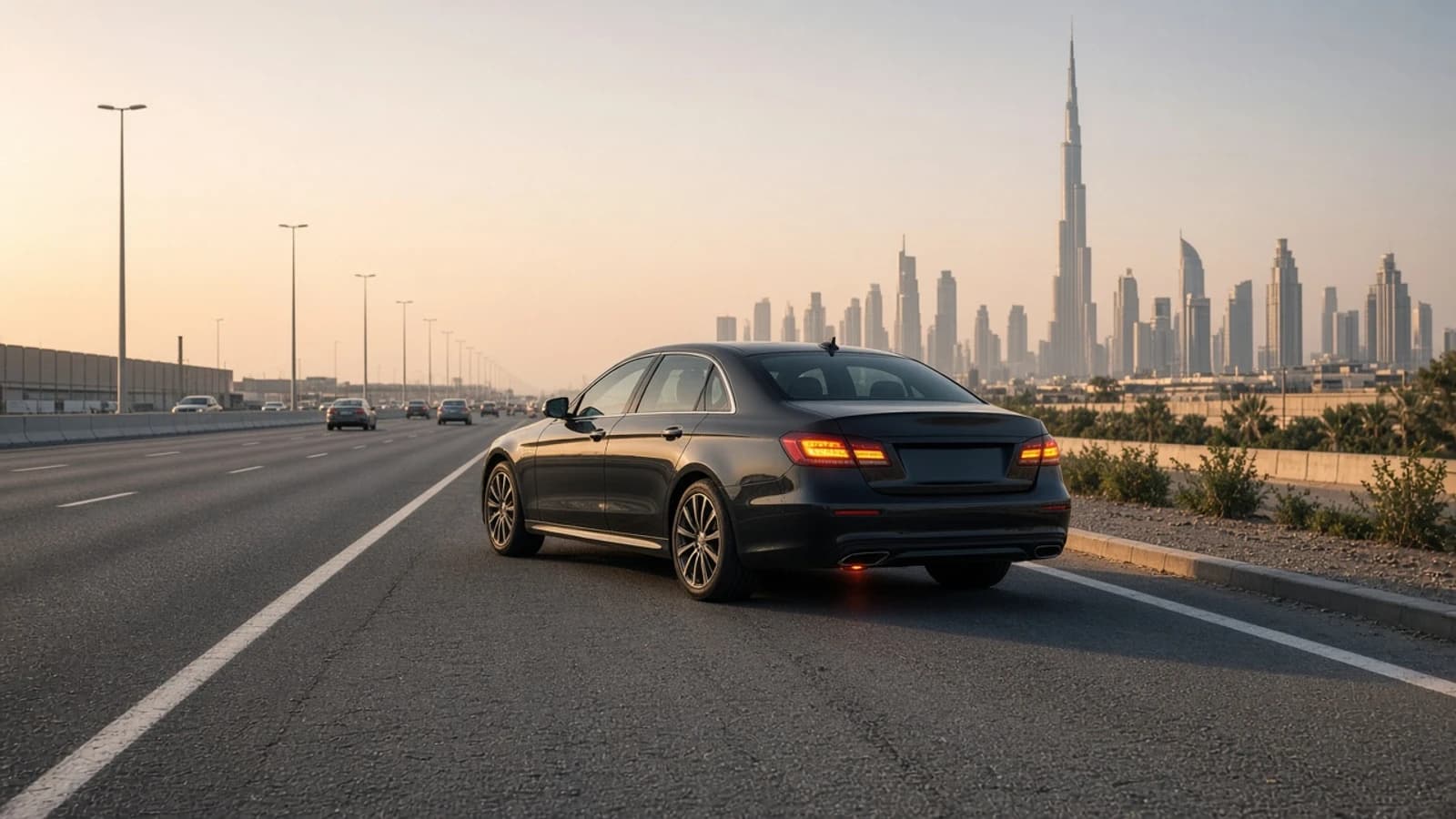 Flat tyre luxury rental Dubai: luxury hire car safely stopped on a Dubai hard shoulder with hazards on