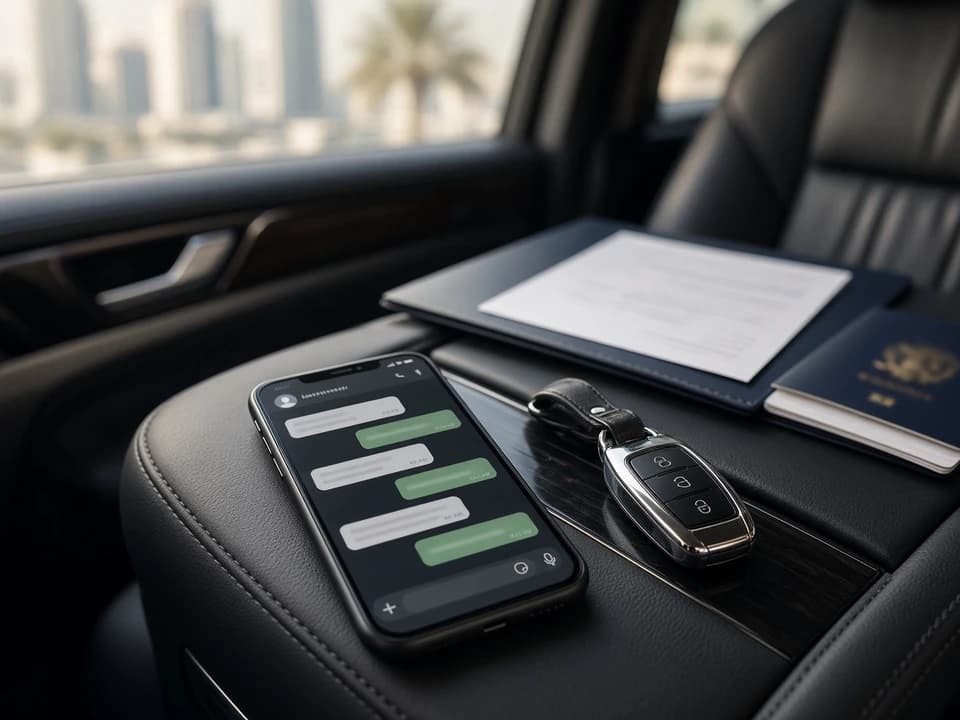 WhatsApp hire thread and rental documents ready for flat tyre luxury rental Dubai roadside contact