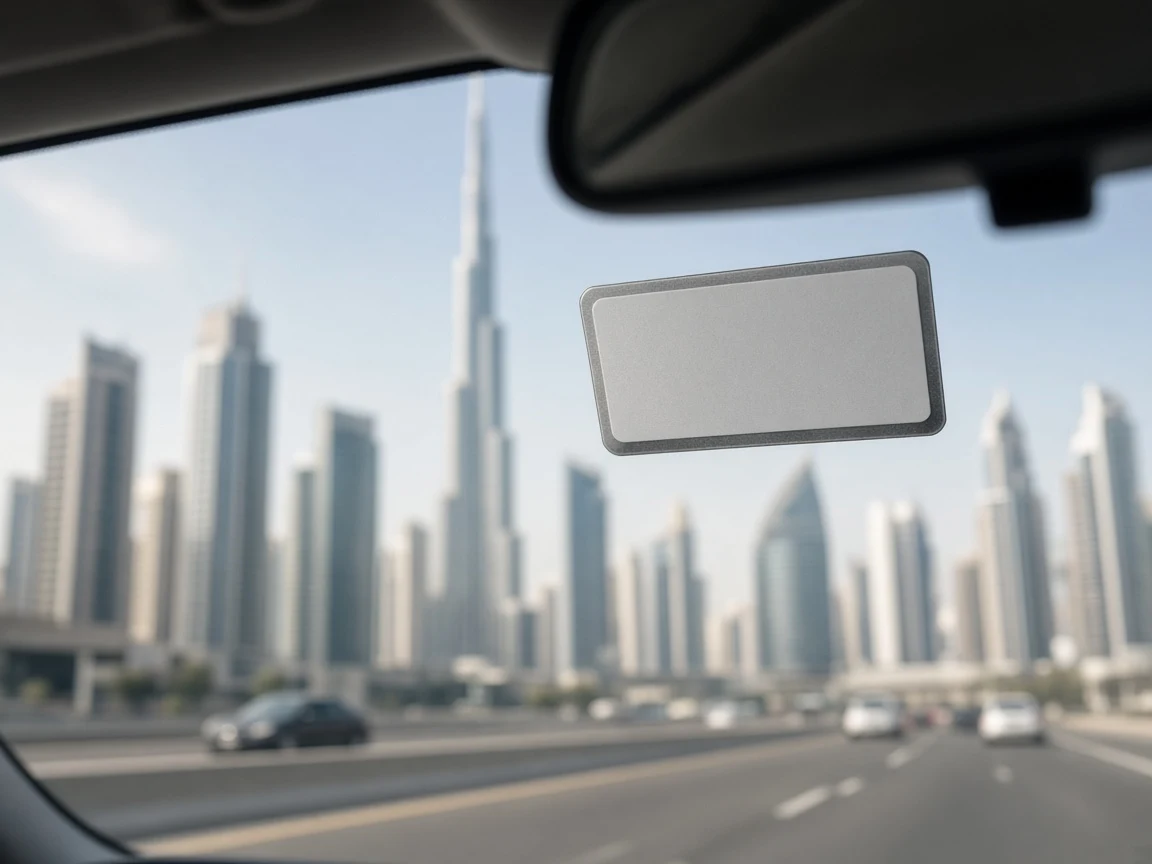 Salik toll tag on the inside of a car windscreen with the Dubai skyline beyond