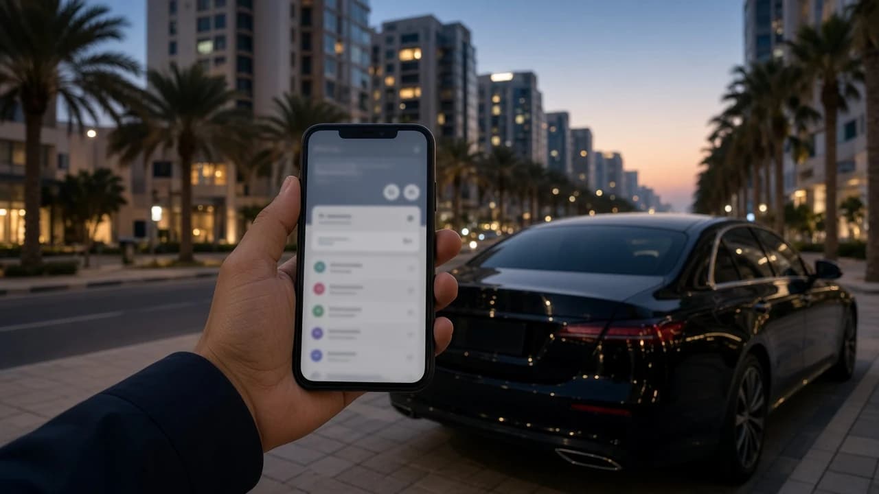 How to check Salik balance: driver holding a phone with a toll account dashboard beside a parked sedan in Dubai