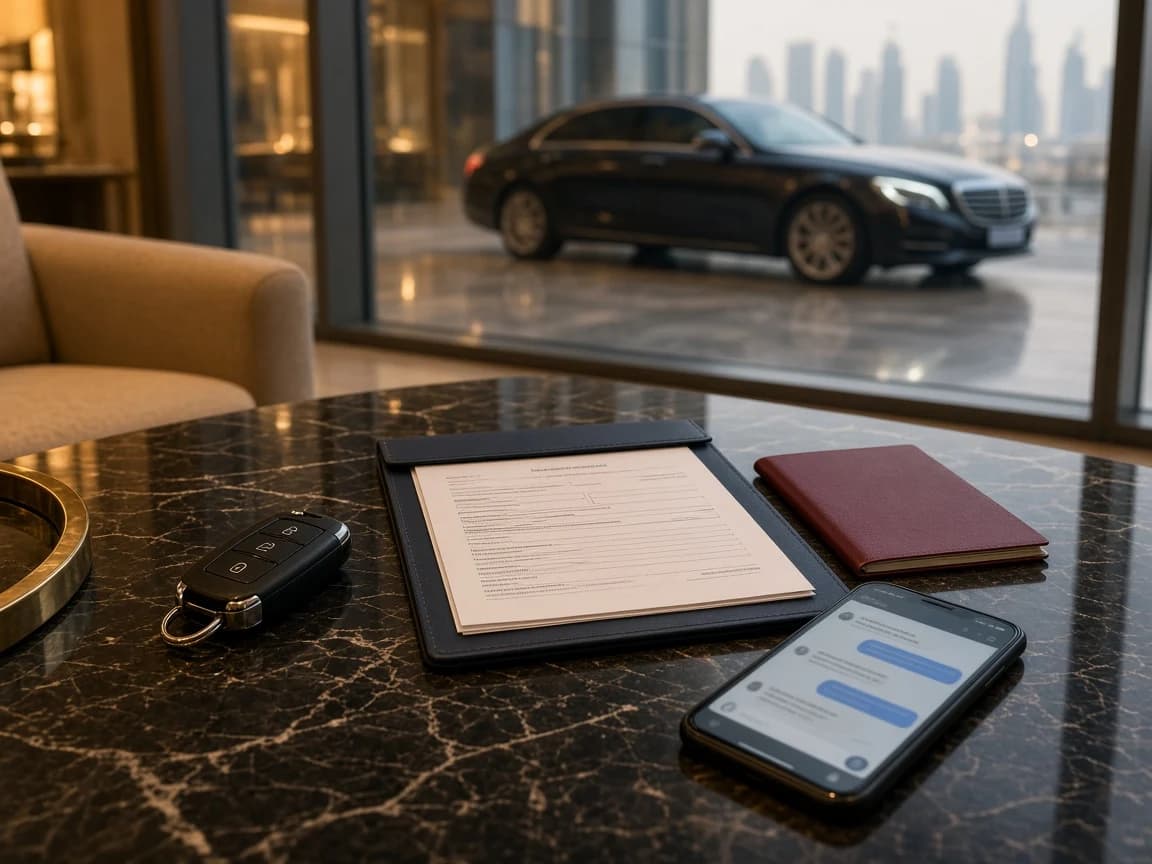 Rental agreement, car key, passport, and phone chat on a Dubai hotel lobby table for Salik billing questions