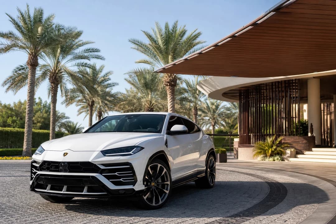 Lamborghini Urus at a Palm Jumeirah resort entrance for luxury car comparison Dubai resort weeks