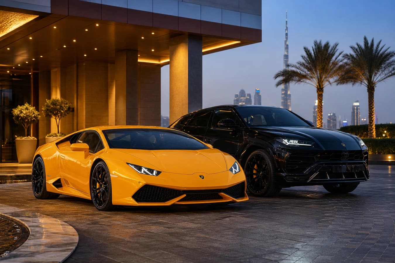 Huracan vs Urus rental Dubai hero with Lamborghini coupe and Urus SUV at a Dubai hotel forecourt