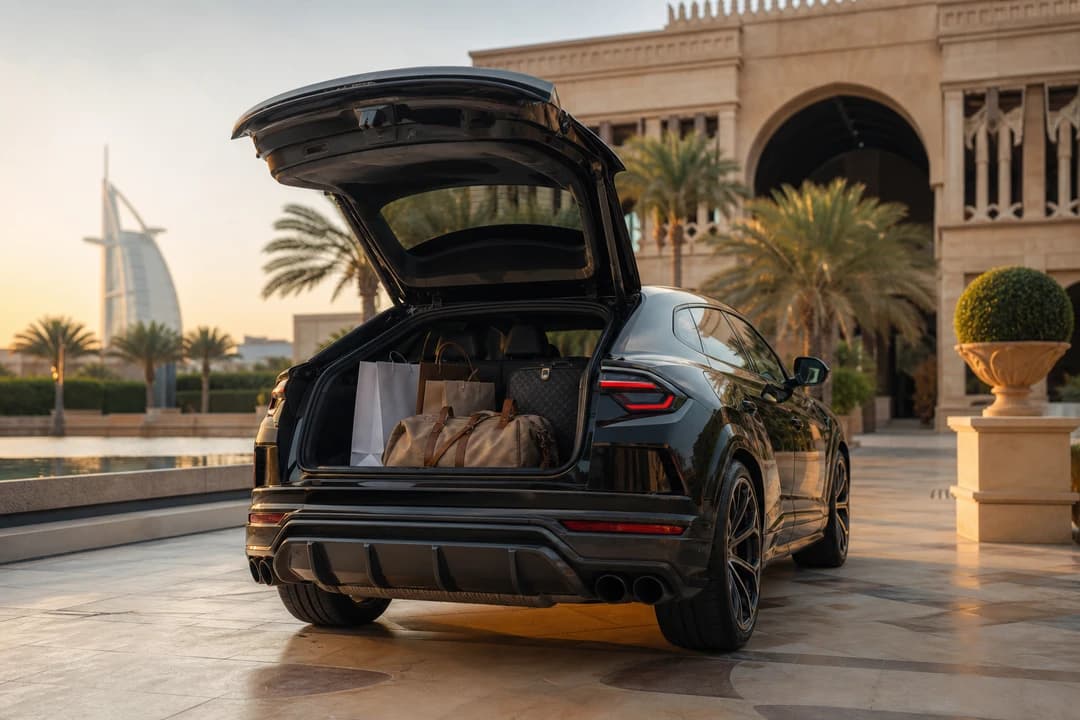 Lamborghini Urus open tailgate with soft holiday luggage for luxury car hire Dubai packing honesty