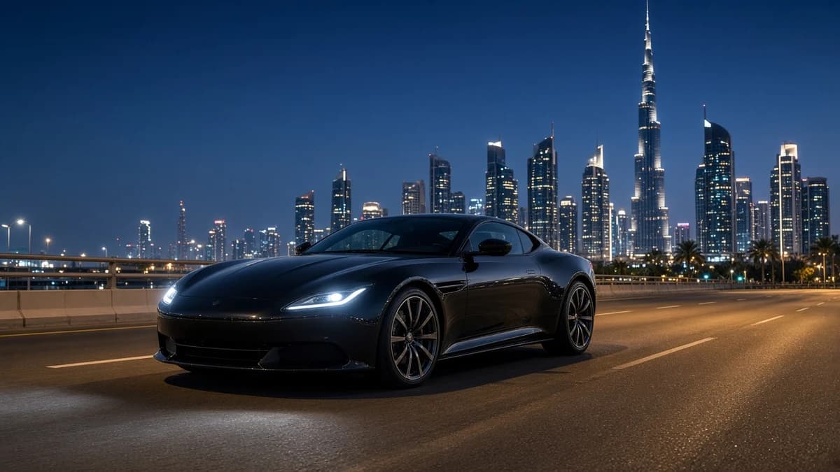 Closed luxury coupe on Sheikh Zayed Road after sunset for supercar rental Dubai June evening windows