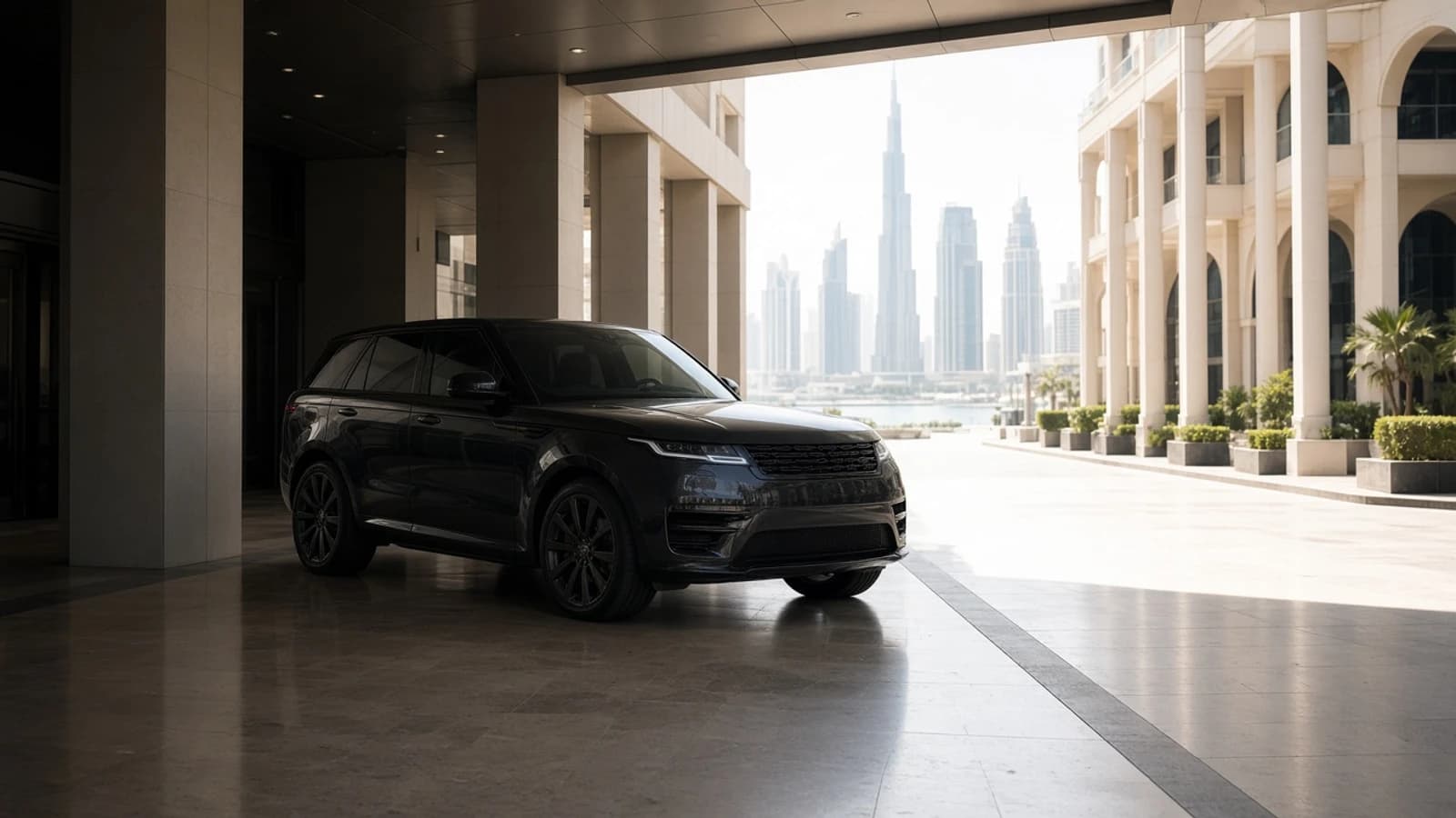 June luxury car rental Dubai: closed luxury SUV in hotel shade during harsh midsummer midday light