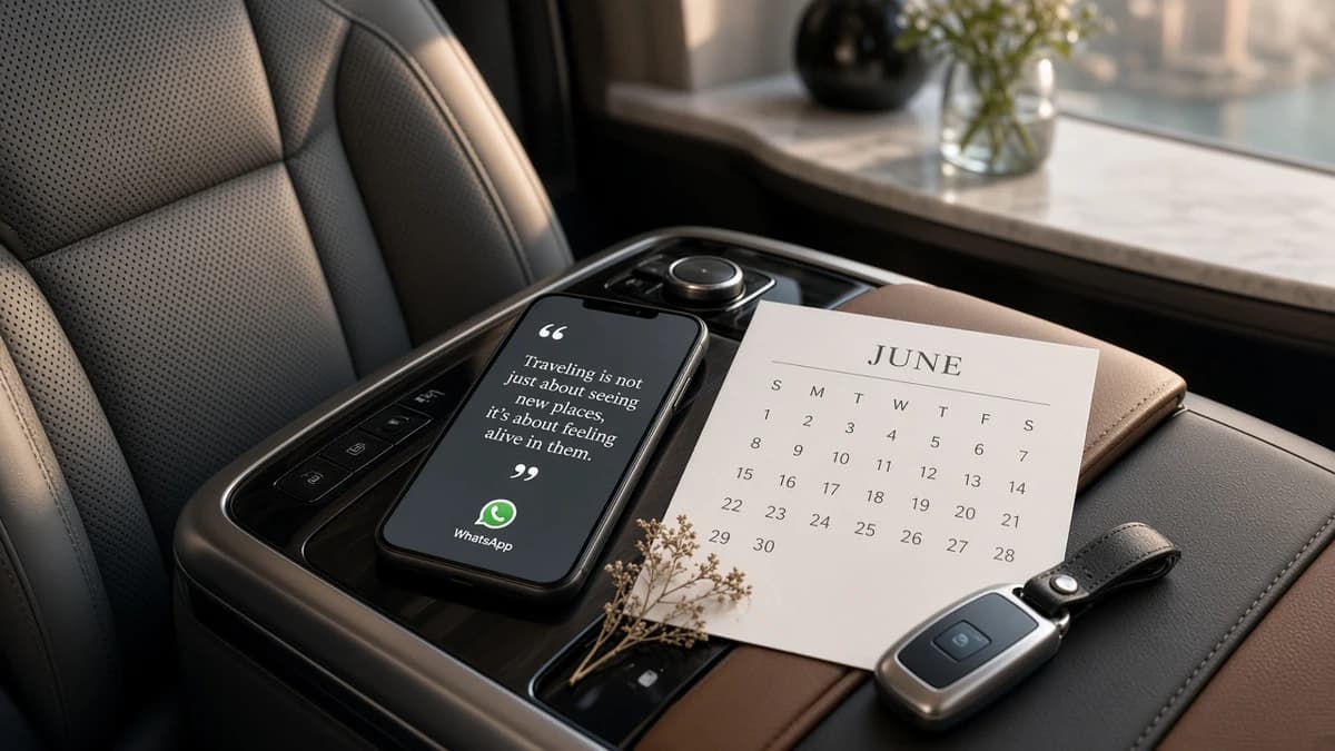 Dubai car hire June planning with WhatsApp quote beside a June calendar on a hotel desk