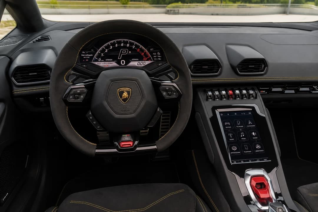 Lamborghini Huracán EVO cockpit for exotic car rental Dubai weekend nights
