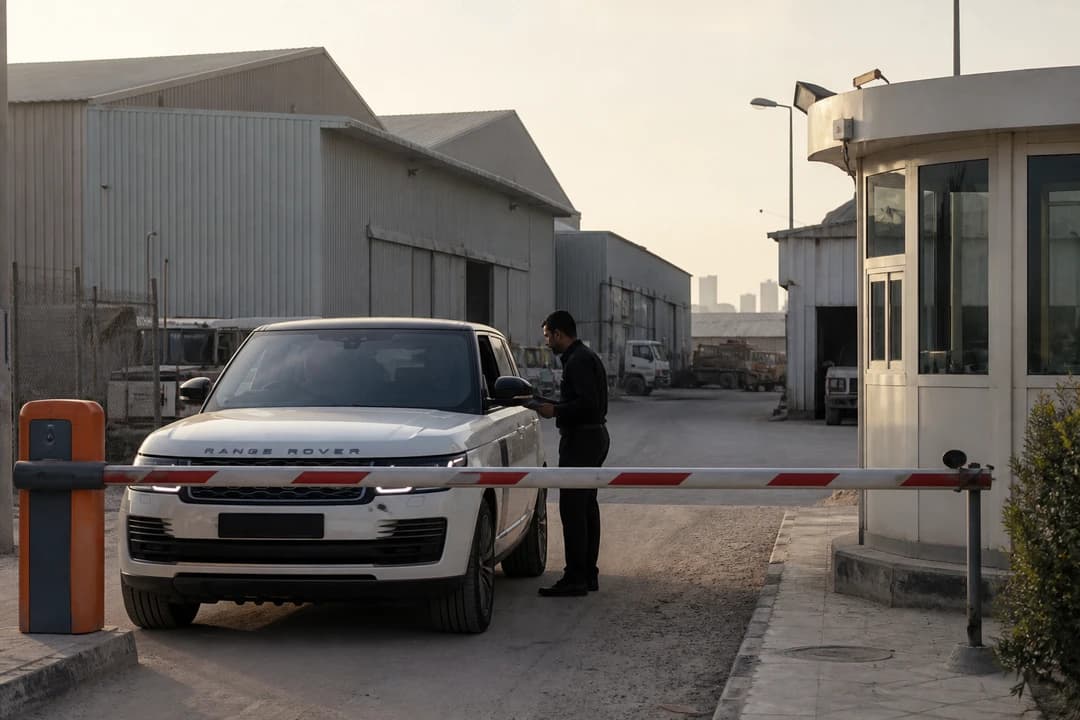 Dubai car delivery at an Al Quoz warehouse gate with a luxury SUV and a concierge checking the access note