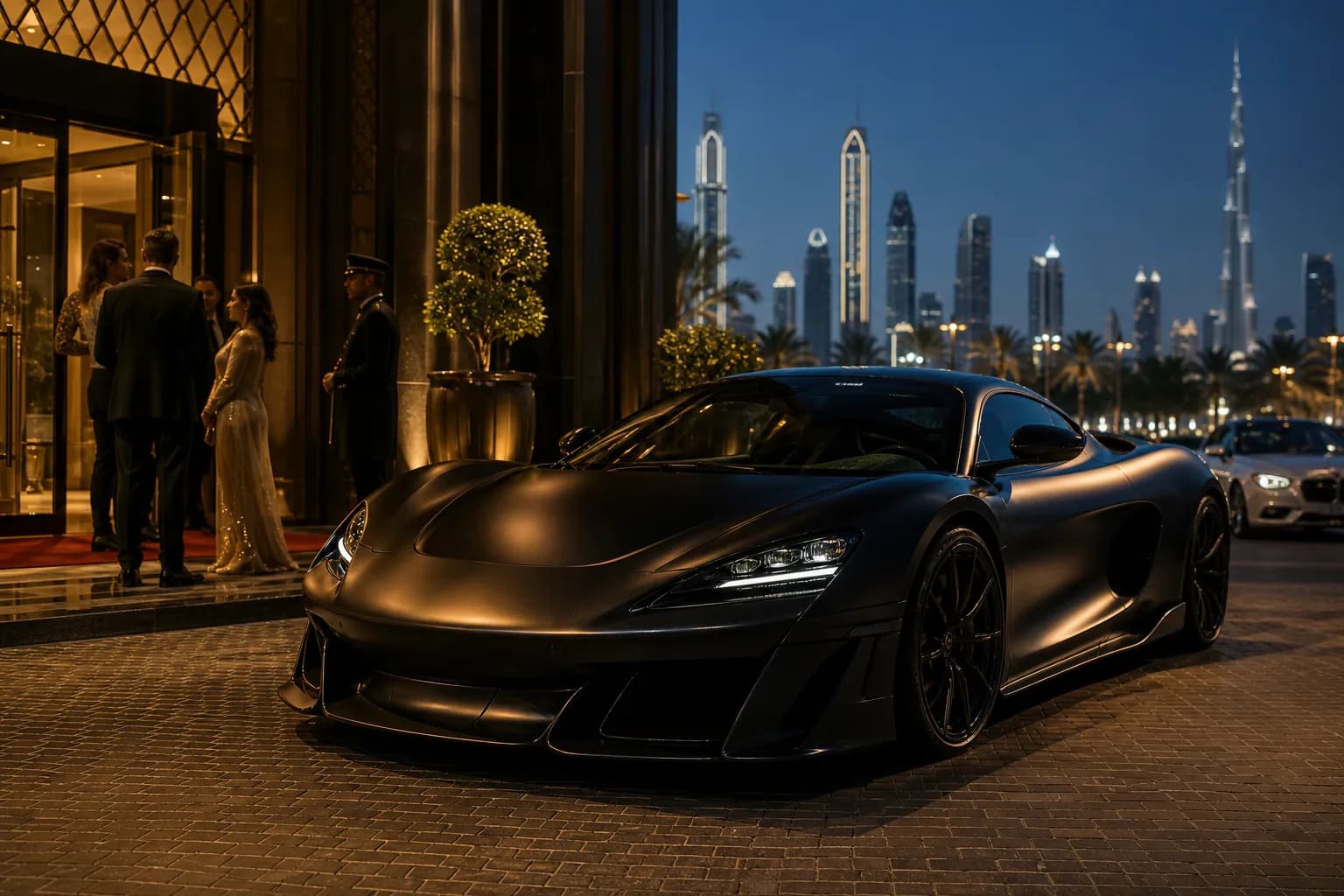 Supercar rental Dubai coupe at blue-hour hotel valet for a wedding evening couple’s loop