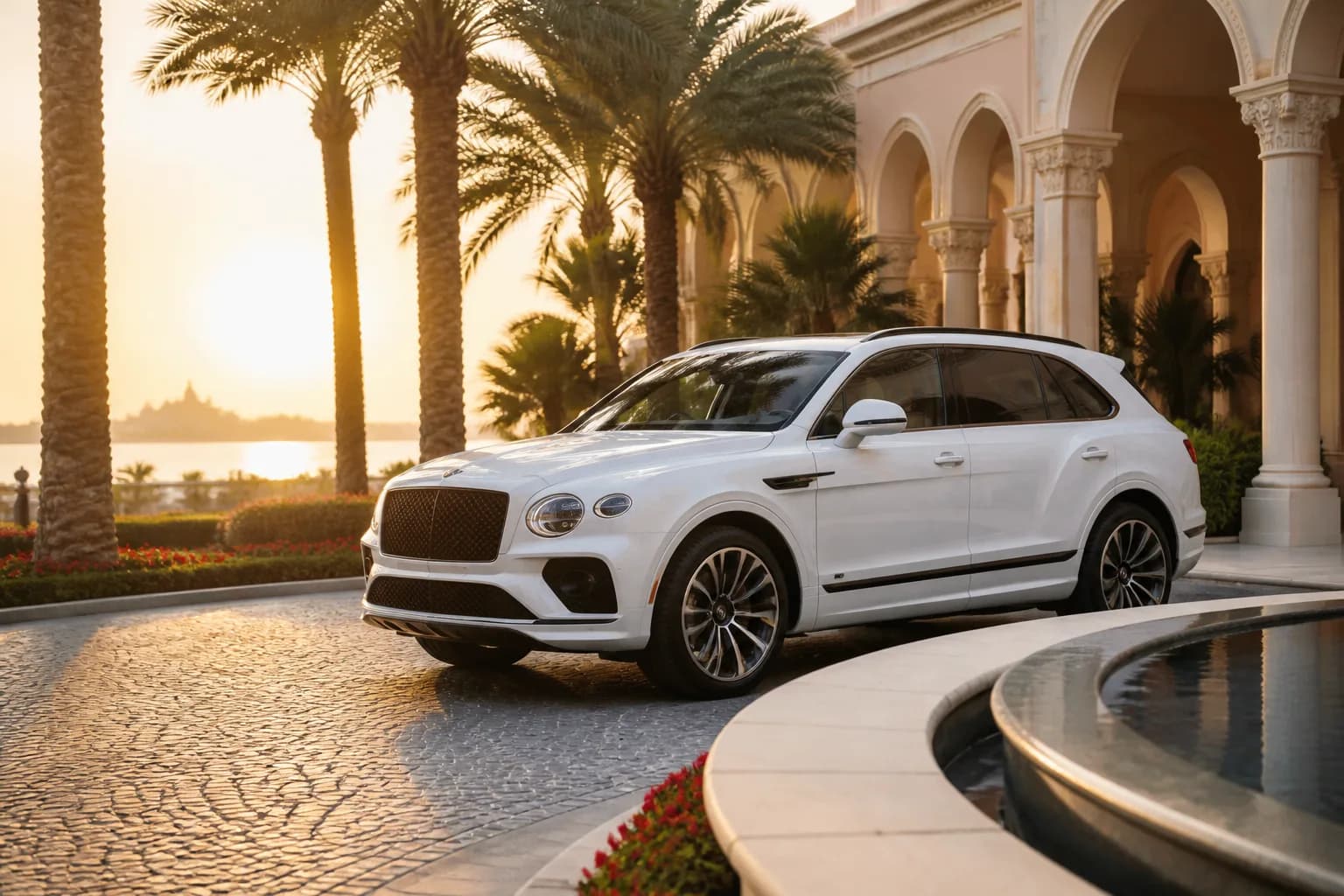 Luxury SUV at a Palm Jumeirah resort driveway for Dubai car rental guide wedding hotel days