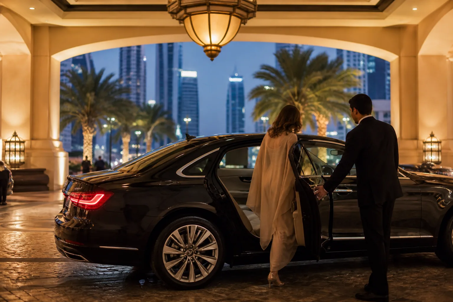 Luxury car rental Dubai weddings hero with a dark sedan at a hotel porte-cochère for guest arrivals