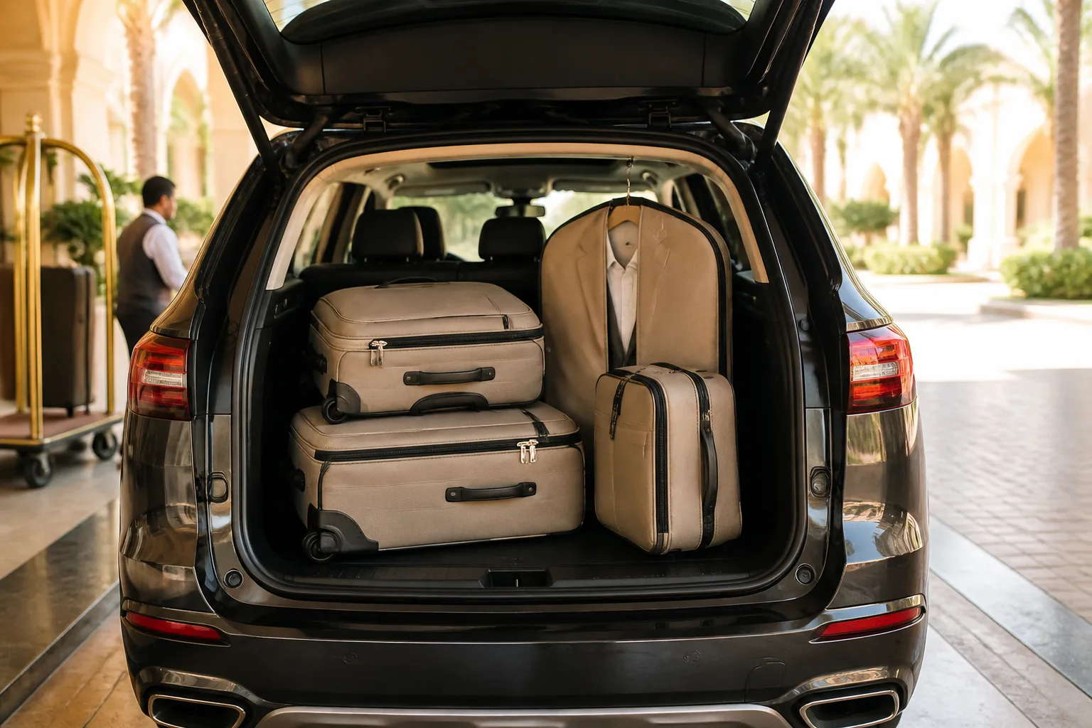 Garment bag and soft rollers in a luxury SUV boot for luxury car rental Dubai weddings packing