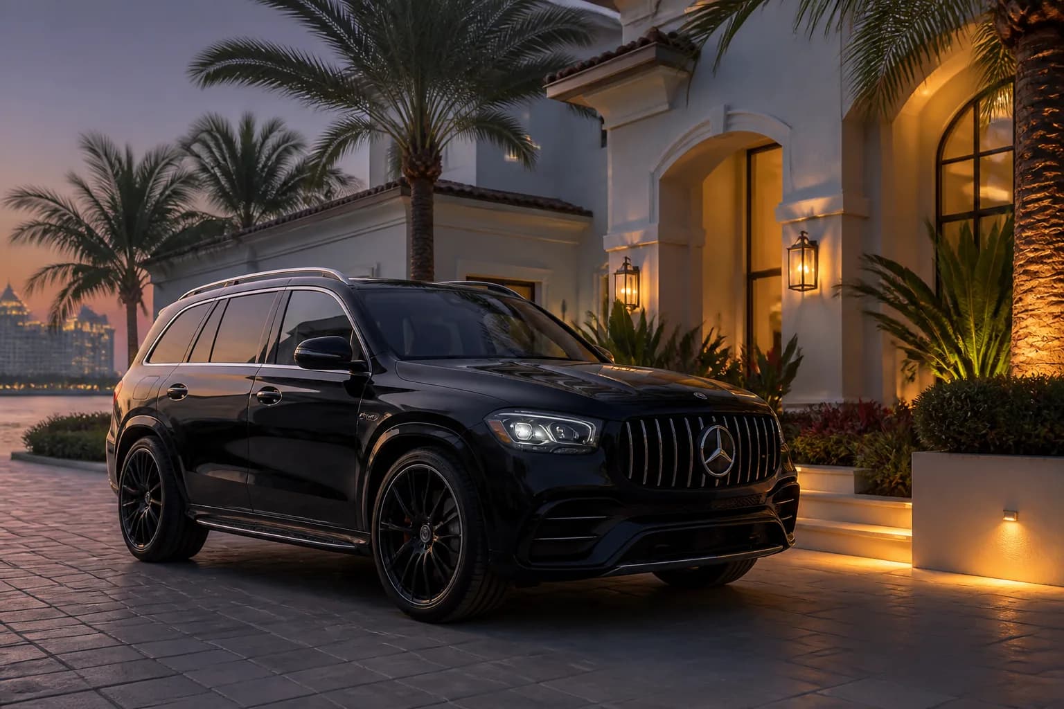 Mercedes-AMG GLS63 at a Palm Jumeirah villa driveway for Mercedes GLS63 hire Dubai family VIP arrivals
