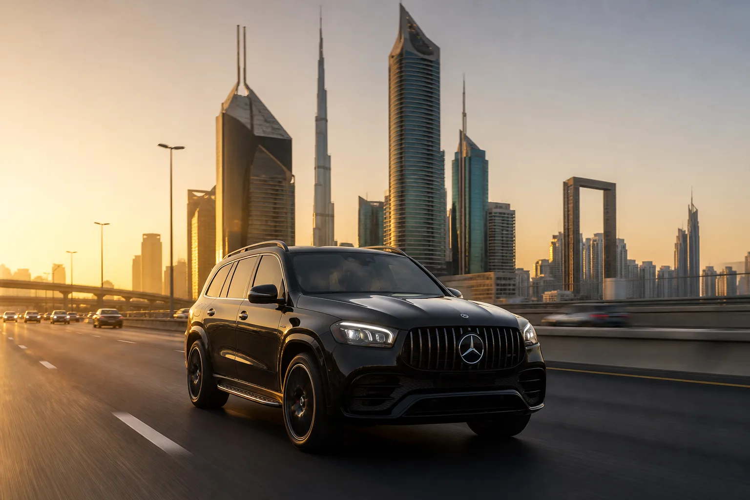 Rent Mercedes GLS63 Dubai on Sheikh Zayed Road toward Downtown for luxury car rental Dubai family VIP hops
