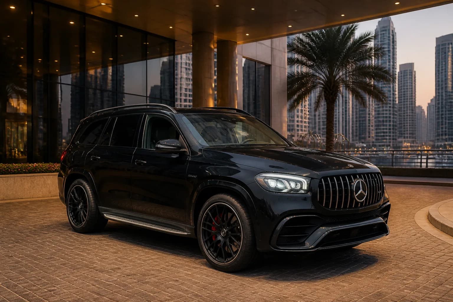 Mercedes GLS63 rental Dubai hero with a dark AMG GLS at a Marina hotel porte-cochère at blue hour