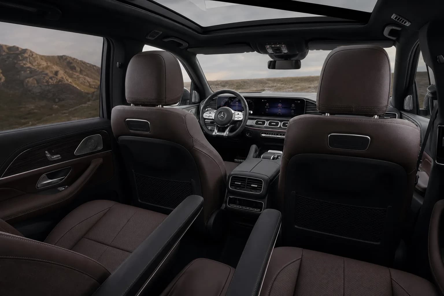 Mercedes GLS63 hire Dubai cabin with second-row seats and AMG controls for exotic car rental Dubai weeks