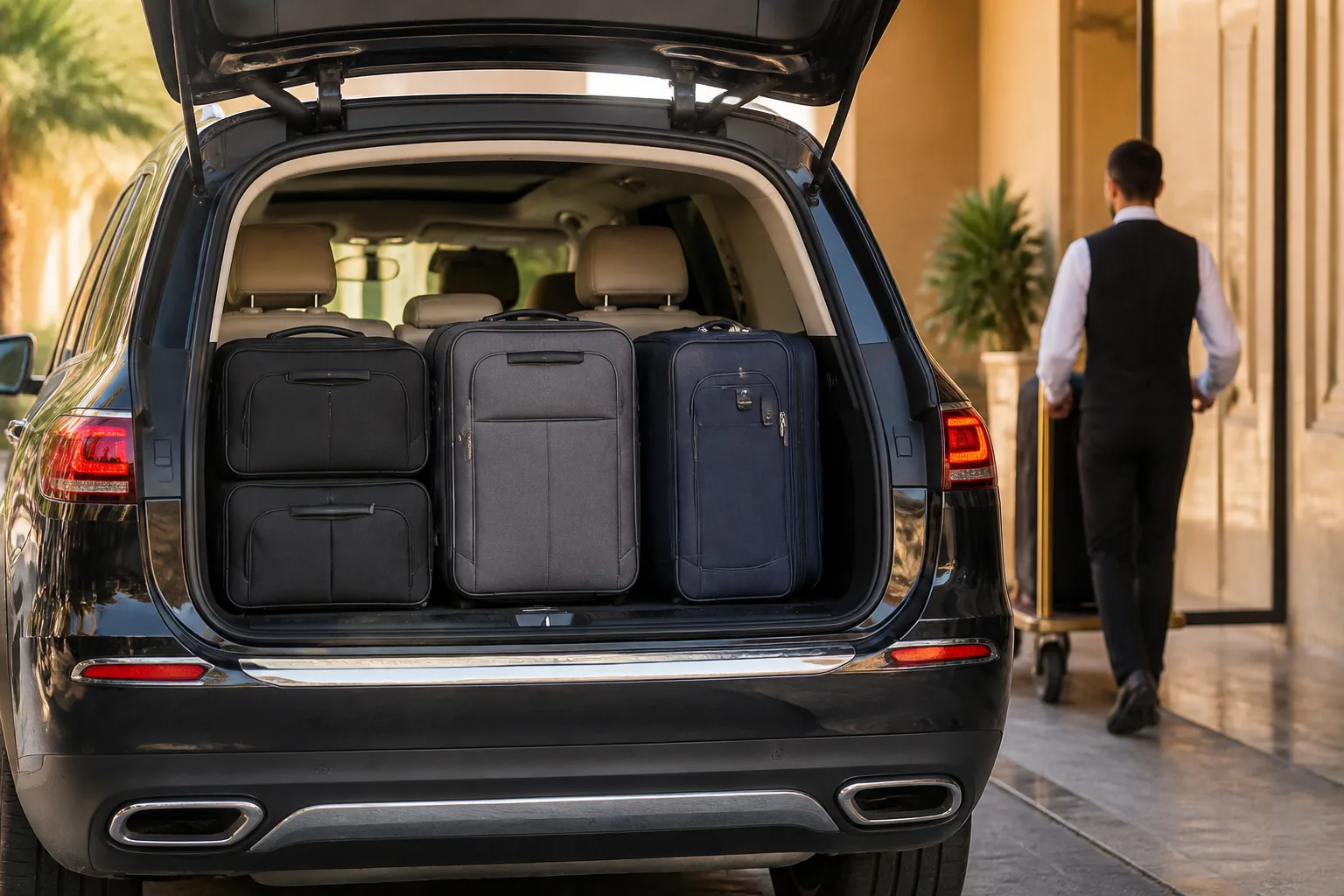 Mercedes GLS63 boot with soft family roller bags at a Dubai hotel for packing honesty