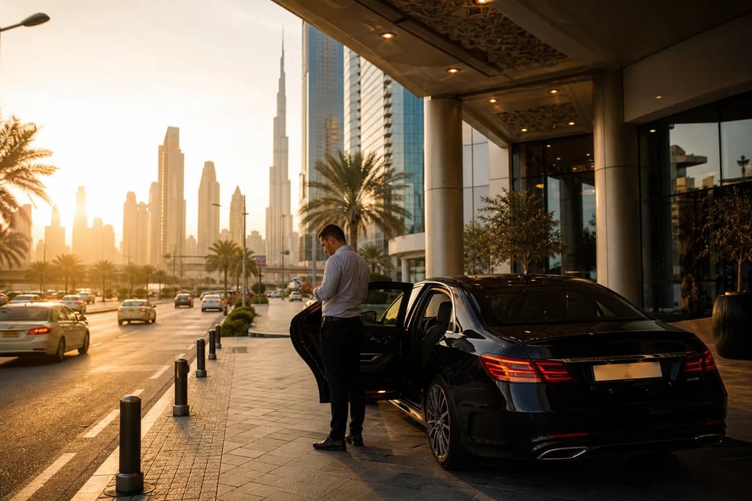Driver safely stopped at a Dubai hotel porte-cochere checking a phone beside a dark luxury sedan
