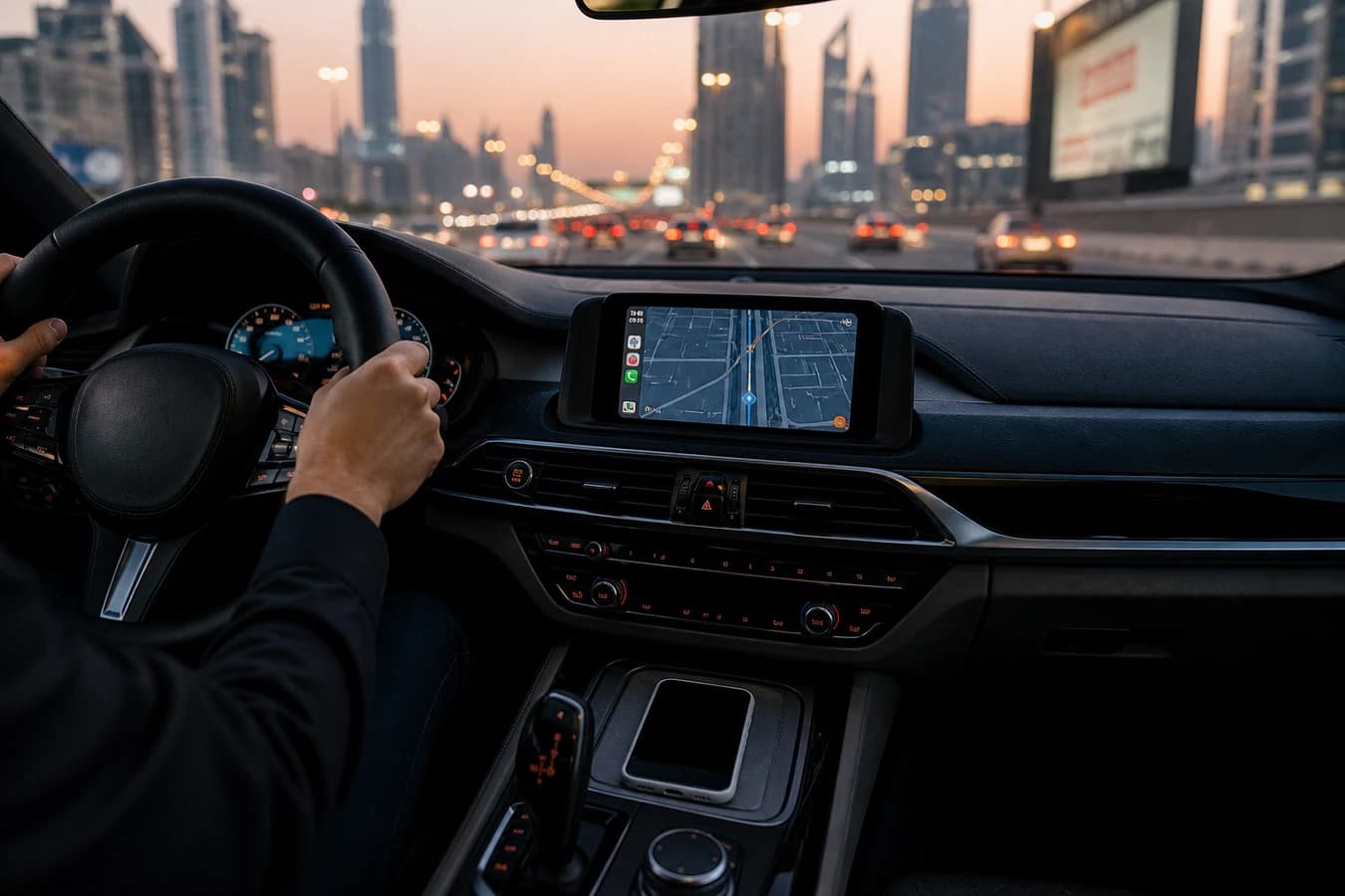 Mobile phone fine Dubai rental car: smartphone on wireless charge in a luxury cabin with navigation on the dash