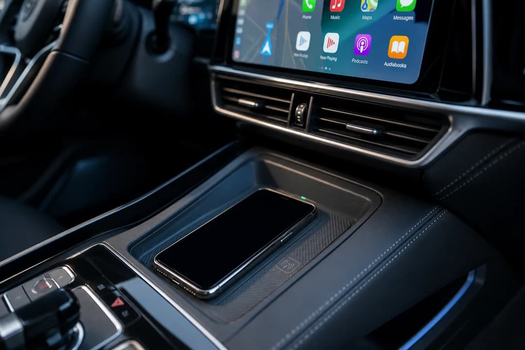 Hands-free wireless charging pad and centre-console phone dock inside a luxury rental cabin in Dubai